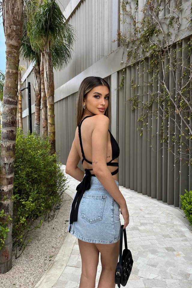 Siyah Sırt Detay Bağlamalı Crop Top ATE6210