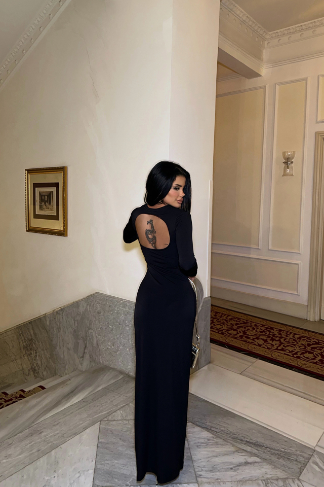 Siyah Sırt Detay Uzun Elbise ATE-0199