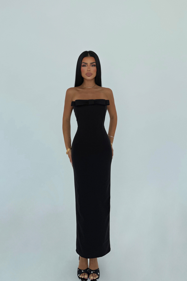 Siyah Marlowe Fiyonk Detaylı Uzun Kalem Elbise ATE-3120 - EYYO