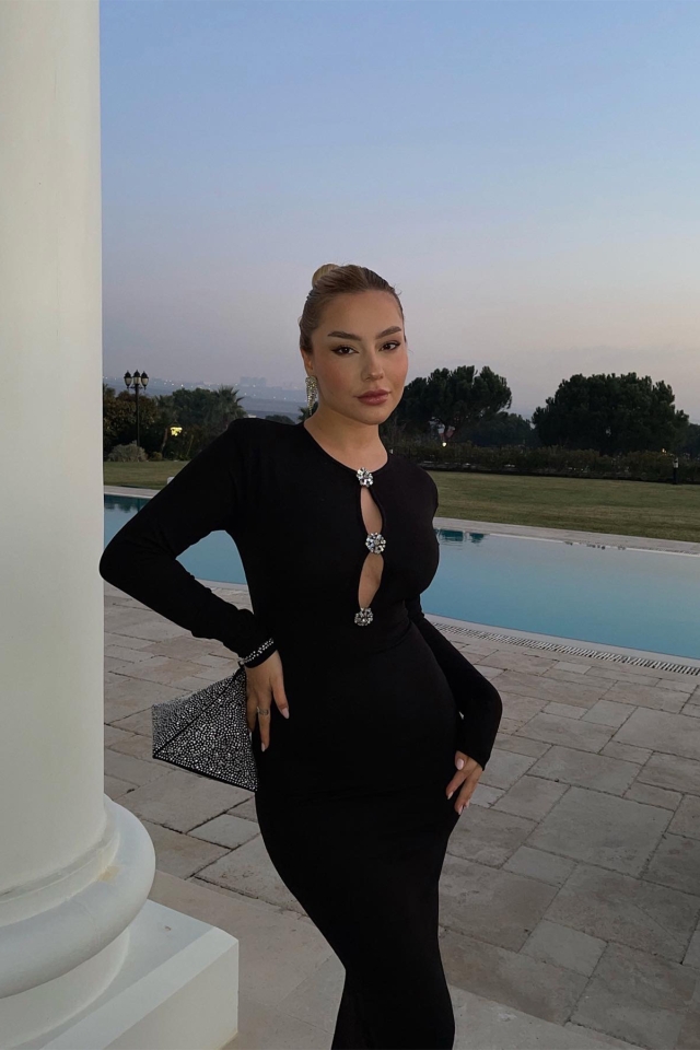 Siyah Önü Taş Detay Uzun Elbise ATE3273 - EYYO