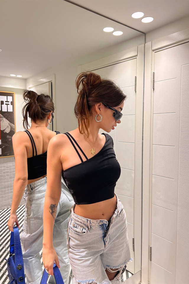 Siyah Tek Kol Crop Top ATE3069
