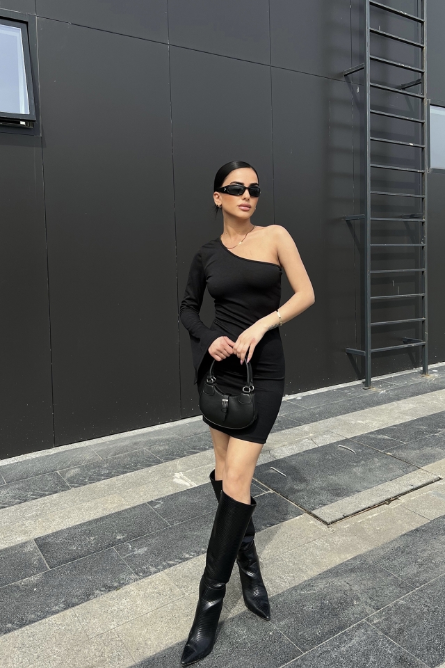 Siyah Tek Kol Mini Elbise ATE4774