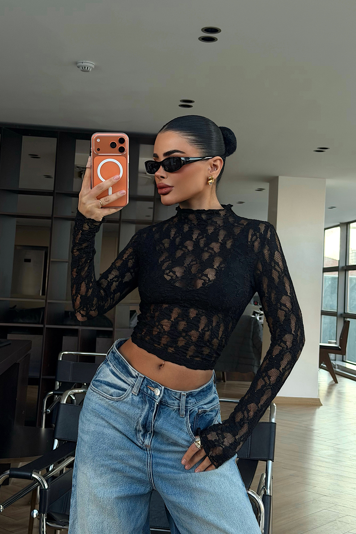 Siyah Raquel Dantel Transparan Bluz ATE-4642