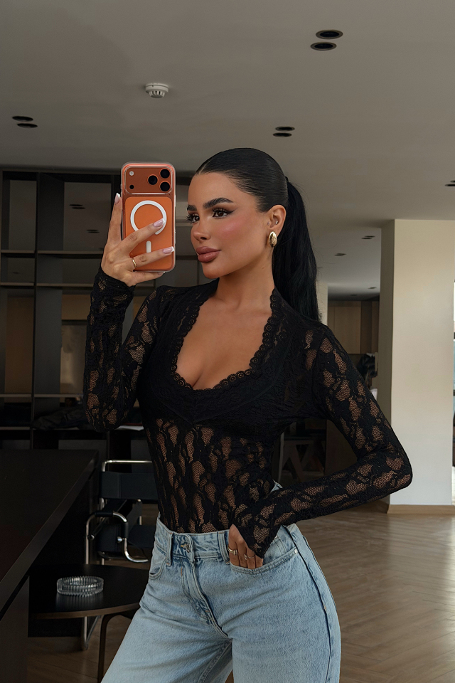 Siyah Browin Dantel Bluz ATE-4872 - EYYO