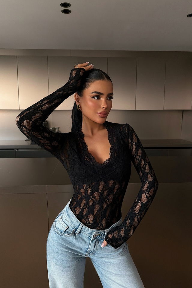 Siyah Browin Dantel Bluz ATE-4872