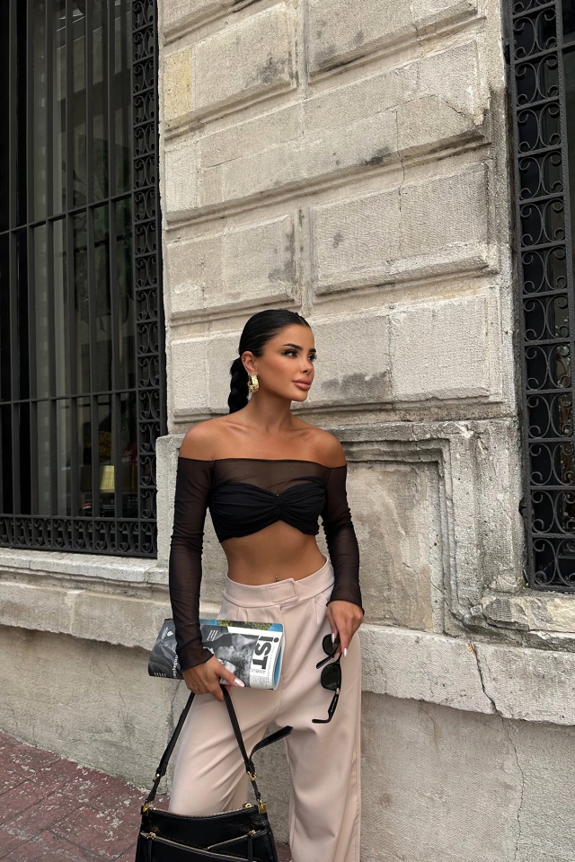 Siyah Tül Detay Crop Top ATE6650 - EYYO ATELIER
