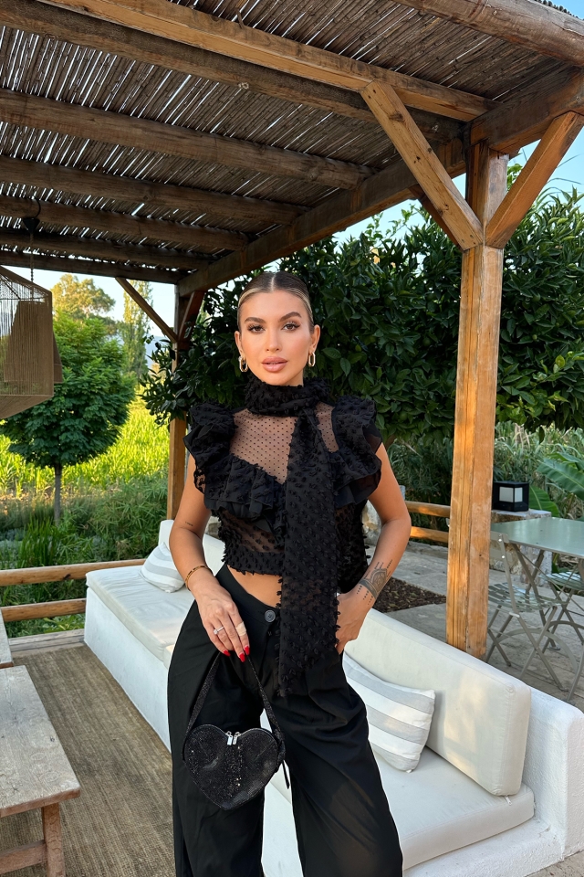 Siyah Tül Fular Detay Crop Top ATE8088 - EMRE İHRACAT