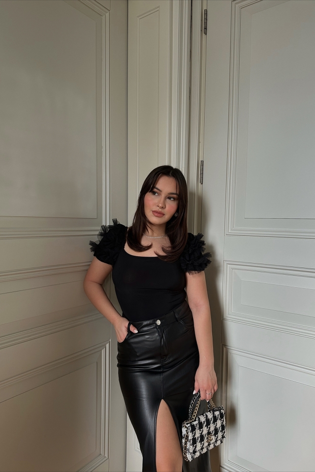 Siyah Tüy Detay Crop Top ATE3615 - TİLLE