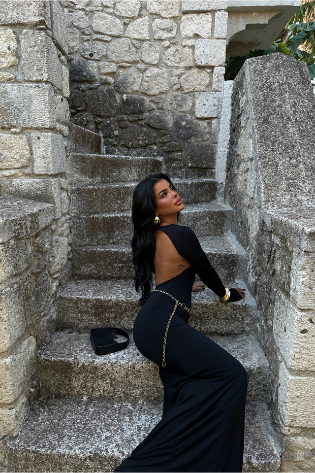 Siyah Doss Uzun Sırtı Açık Elbise ATE-1617 - EYYO