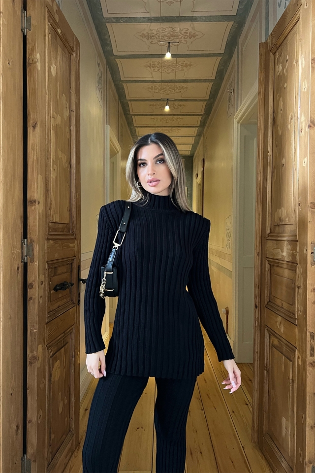 Siyah Yarım Boğazlı Triko Takım ATE3853 - MODAWAY