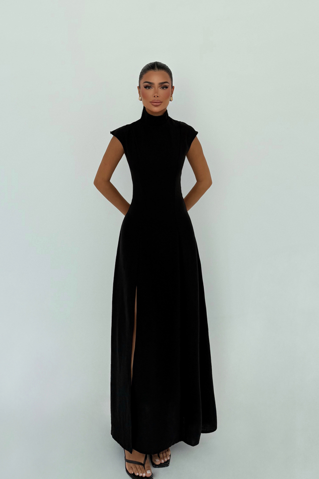 Siyah Rochelle Uzun Yırtmaçlı Elbise ATE-3252 - EYYO