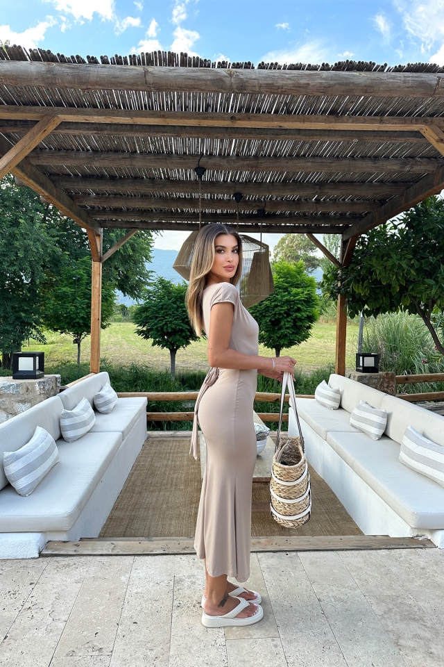 Taş Bağlamalı Uzun Elbise ATE7238