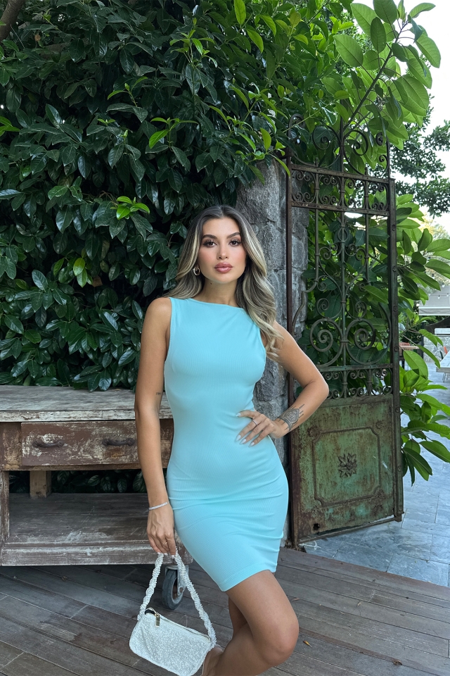 Turkuaz Sırt Detay Mini Elbise ATE7353