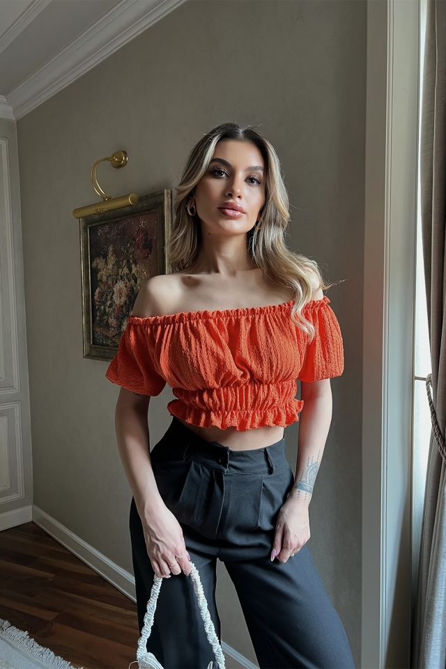 Turuncu Büzgülü Düşük Kol Crop Top ATE4037