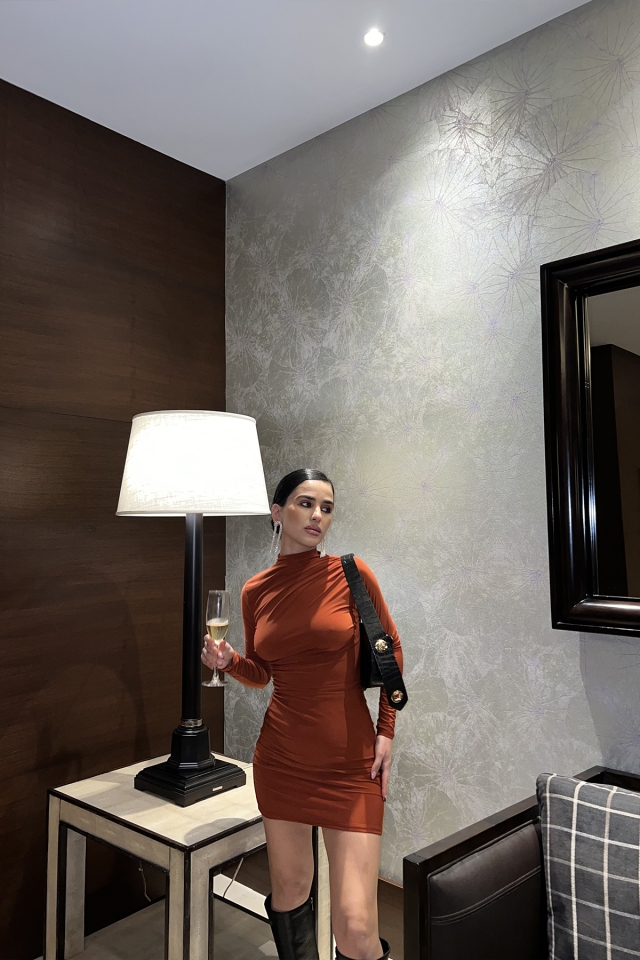 Turuncu Önü Büzgülü Mini Elbise ATE3396