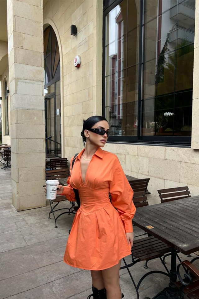 Turuncu Sırt Detay Mini Elbise ATE4162 - EYYO
