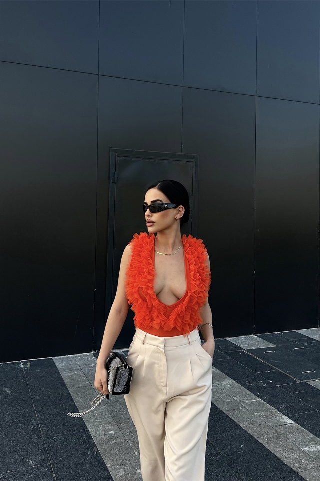 Turuncu Tül Detay Bodysuit ATE4697 - EYYO