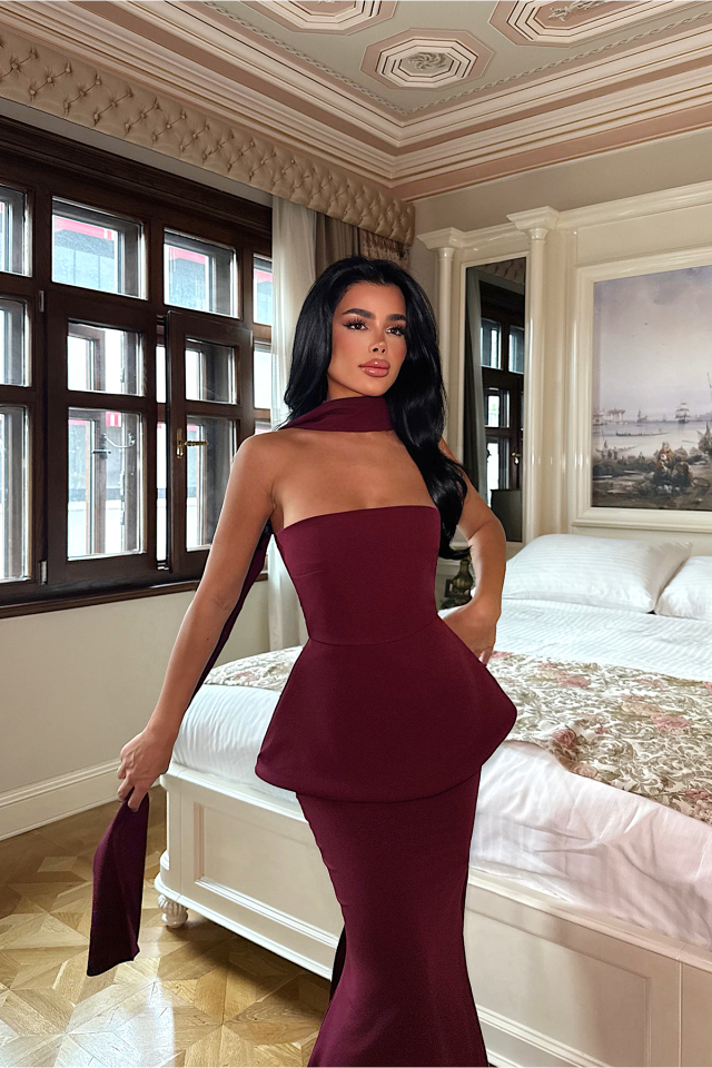 Vişne Çürüğü Benedita Uzun Fularlı Elbise ATE-3523