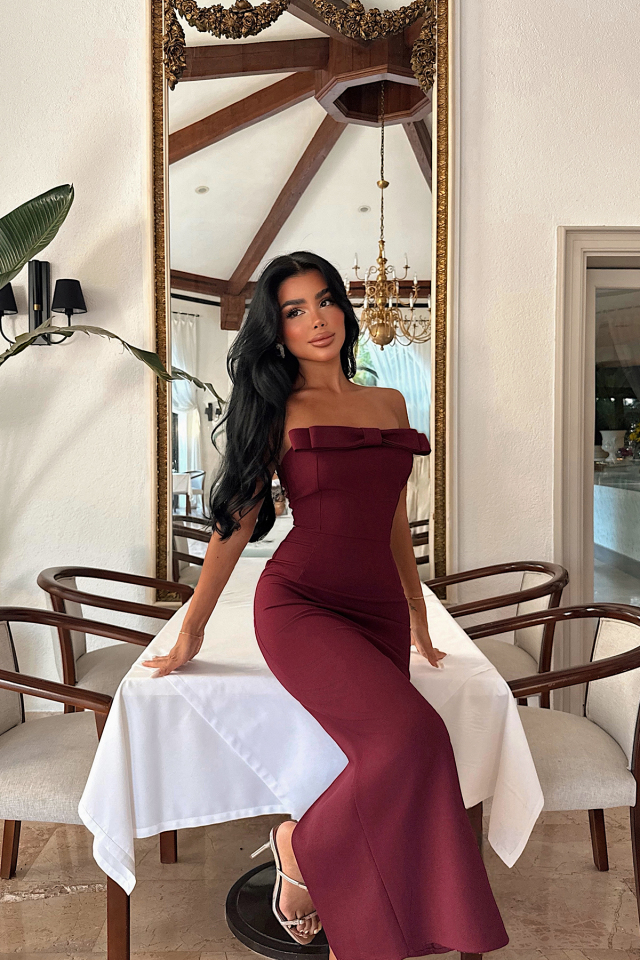 Vişne Çürüğü Marlowe Fiyonk Detaylı Uzun Kalem Elbise ATE-3119