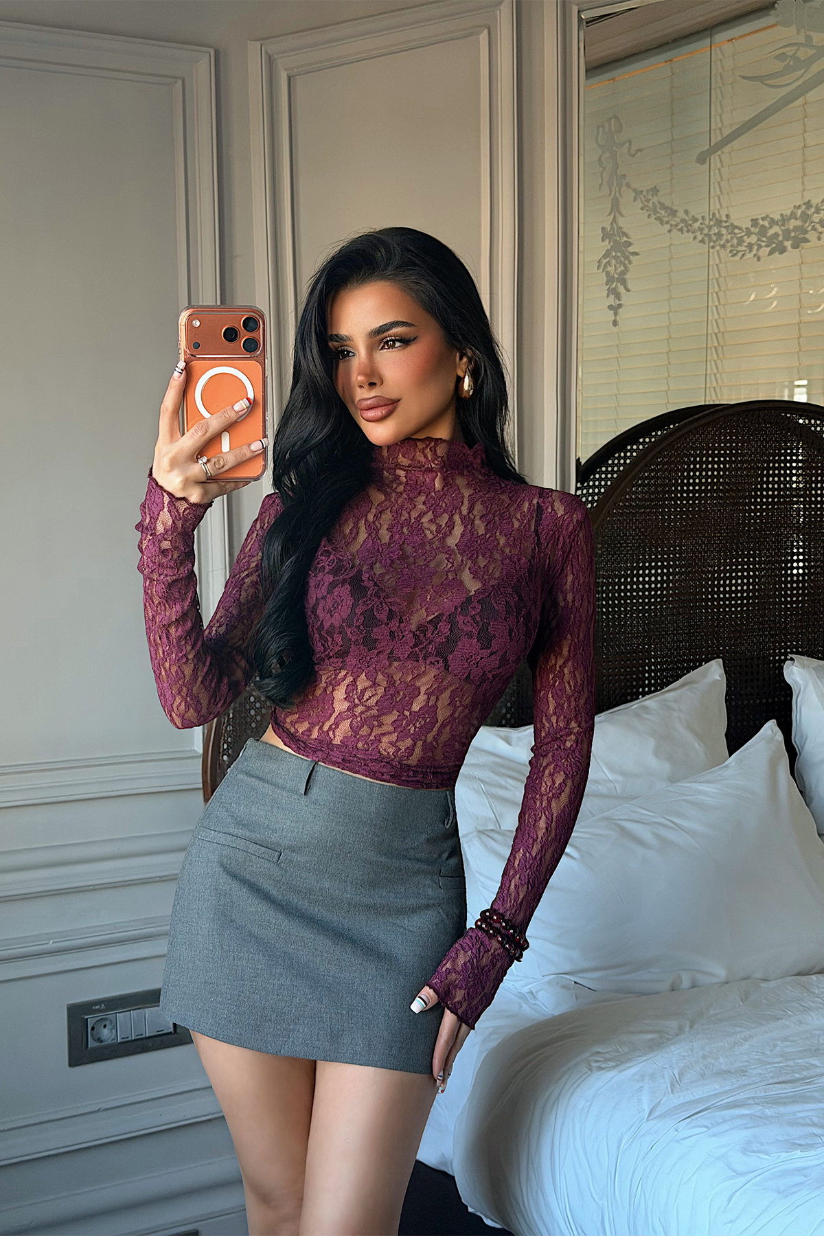 Vişne Çürüğü Raquel Dantel Transparan Bluz ATE-5067