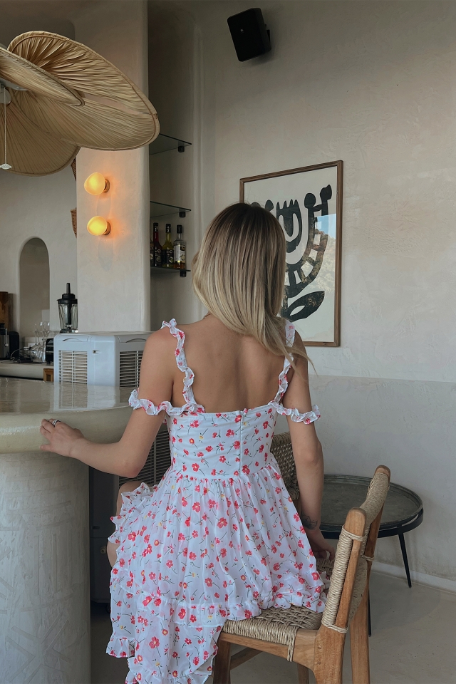 White Floral Button Detail Dress ATE1575