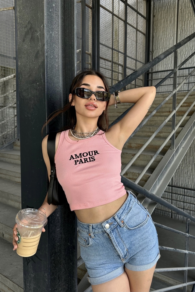 Yavruağzı Amour Parıs Yazılı Crop Top ATE7328