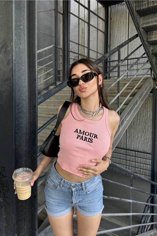Yavruağzı Amour Parıs Yazılı Crop Top ATE7328