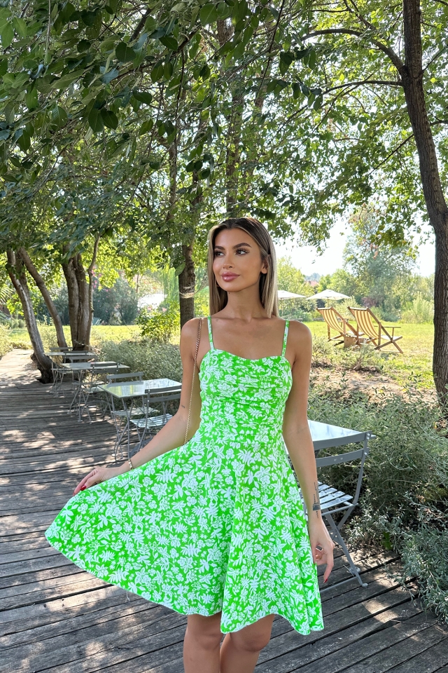 Yeşil Askılı Çiçek Desen Mini Elbise ATE8054