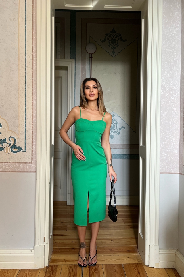 Yeşil Askılı Yırtmaç Detay Mini Elbise ATE4056