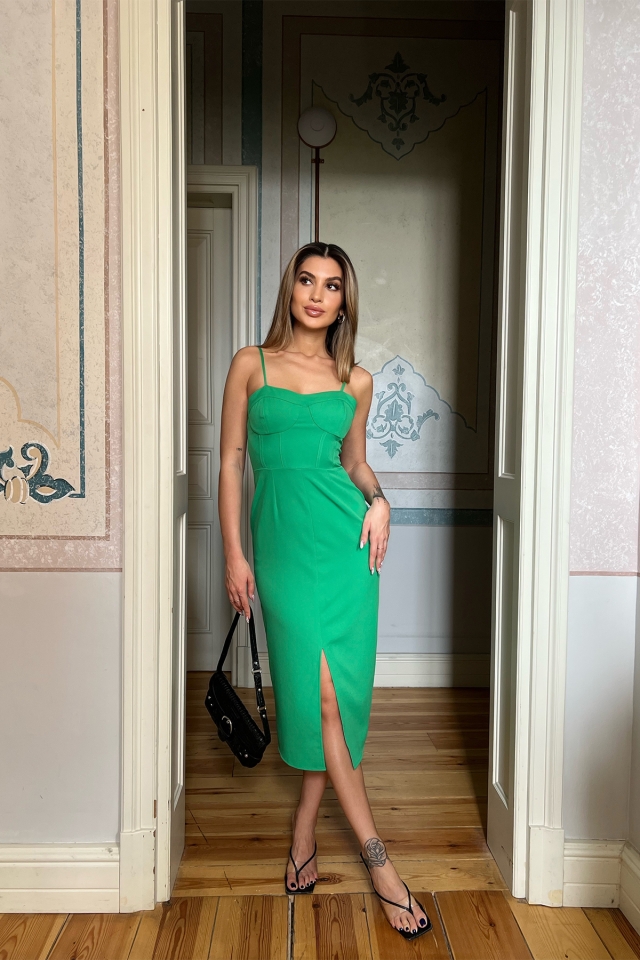 Yeşil Askılı Yırtmaç Detay Mini Elbise ATE4056