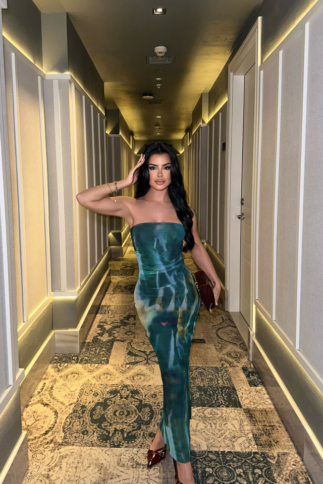 Yeşil Batik Desen Straplez Elbise ATE-0433 - EYYO