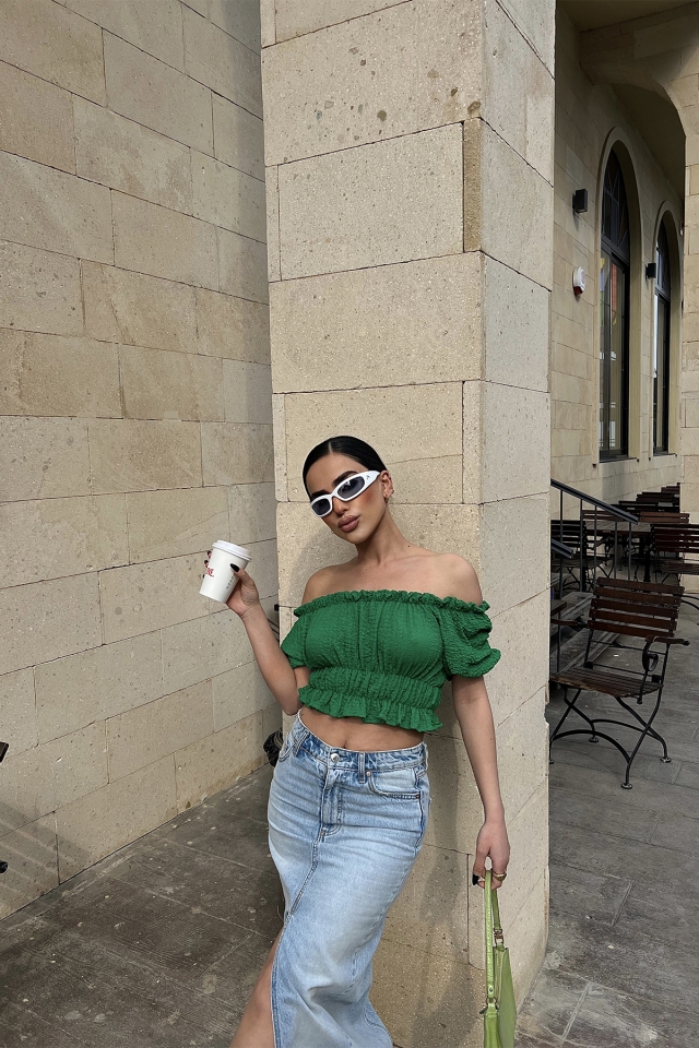 Yeşil Düşük Kol Crop Top ATE4486