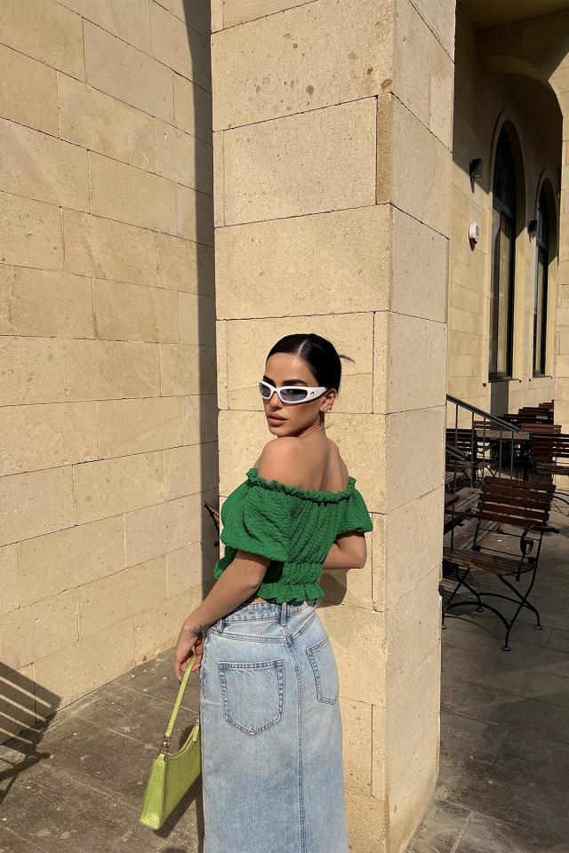 Yeşil Düşük Kol Crop Top ATE4486