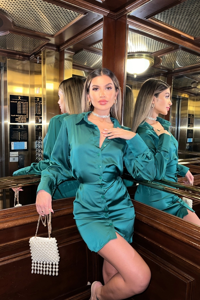 Yeşil Gömlek Yaka Mini Elbise ATE4670
