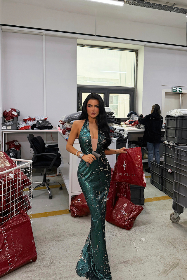 Yeşil Coquille Payetli Uzun Elbise
