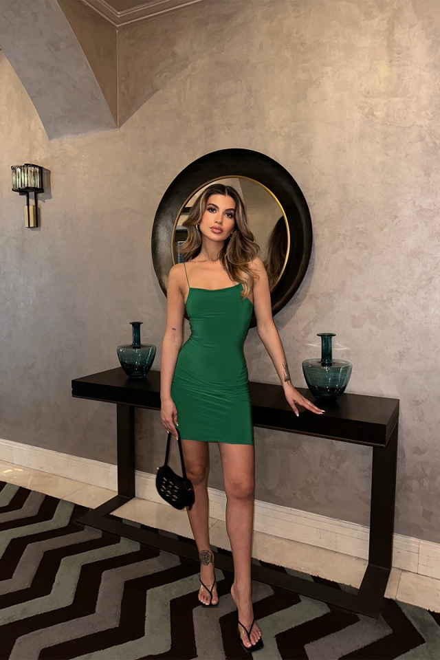 Yeşil İp Askılı Mini Elbise ATE6279