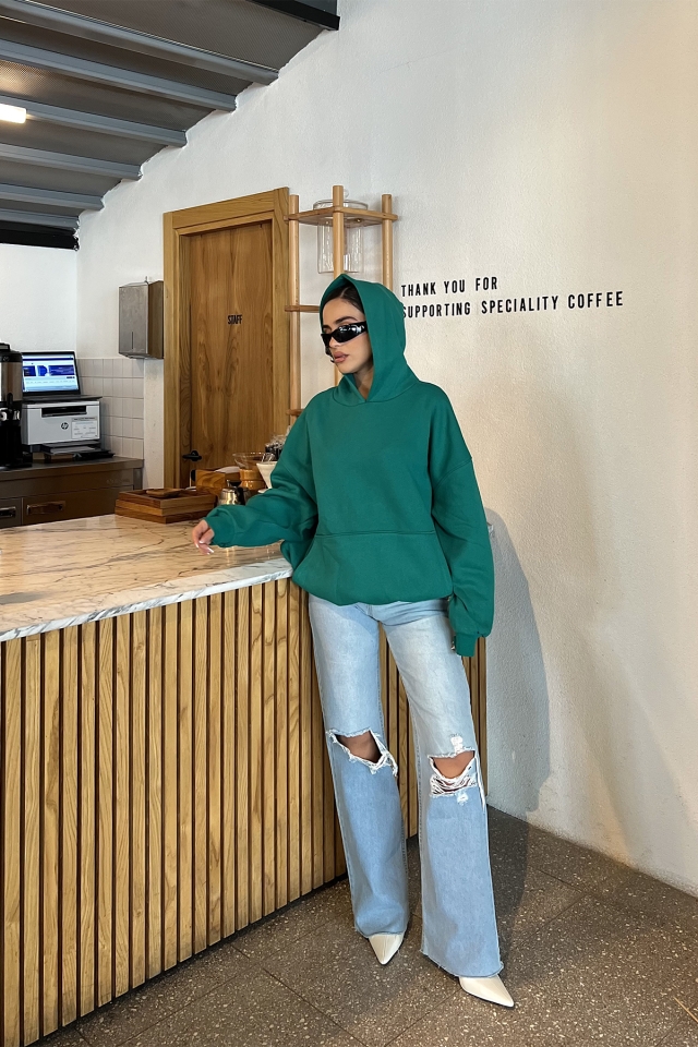 Yeşil Kapşonlu Arkası Baskılı Sweat ATE2515