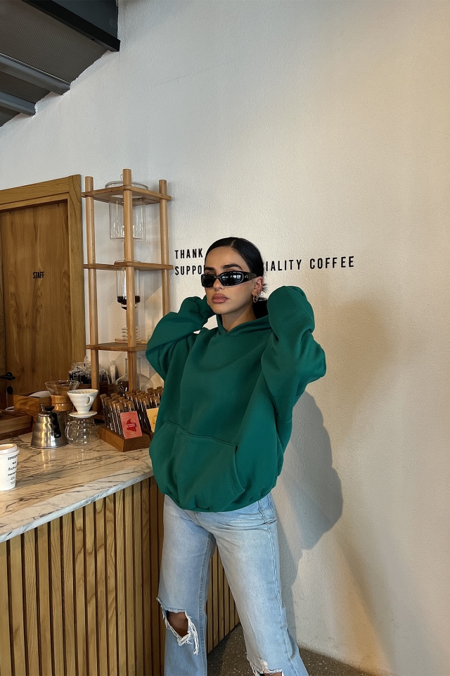 Yeşil Kapşonlu Arkası Baskılı Sweat ATE2515