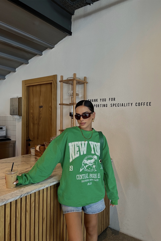 Yeşil New York Önü Baskılı Sweat ATE2326