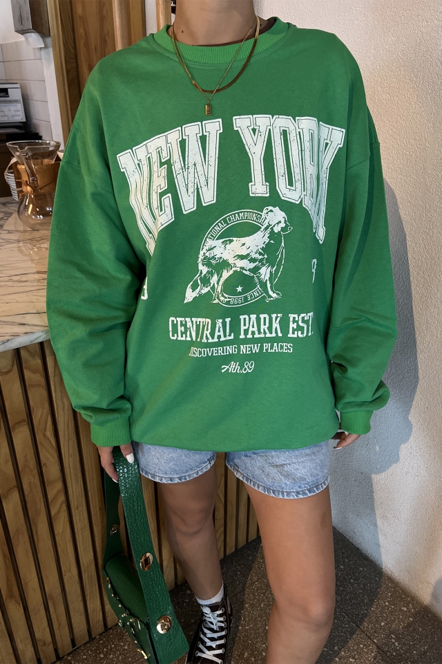 Yeşil New York Önü Baskılı Sweat ATE2326