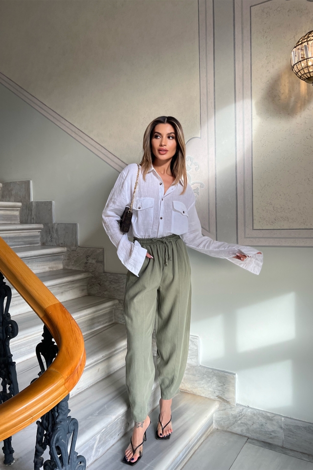 Yeşil Önden Bağlamalı Keten Pantolon ATE4116