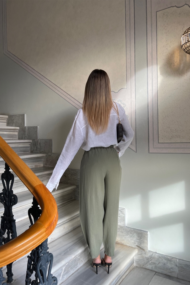 Yeşil Önden Bağlamalı Keten Pantolon ATE4116