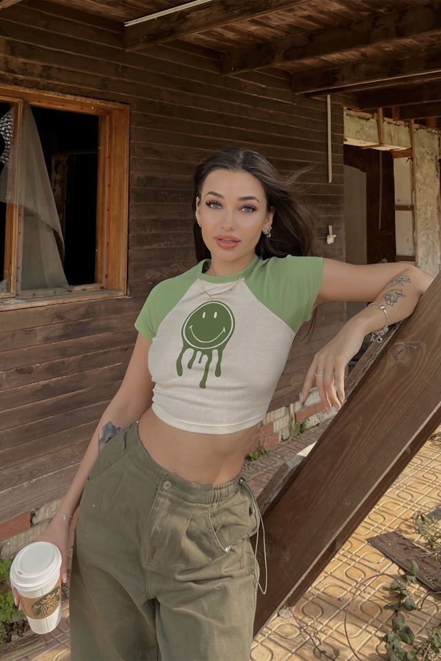Yeşil Önü Baskılı Crop Top