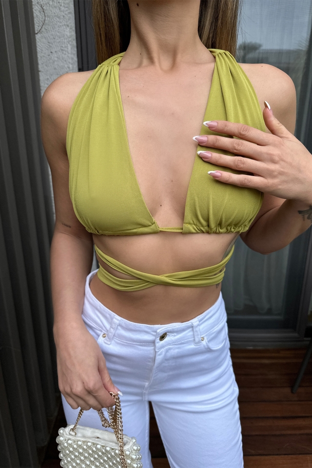Yeşil Sırt Detay Bağlamalı Crop Top ATE6209