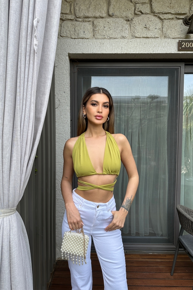 Yeşil Sırt Detay Bağlamalı Crop Top ATE6209
