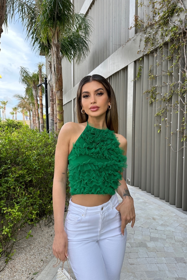 Yeşil Tül Detay Crop Top ATE6190 - EYYO
