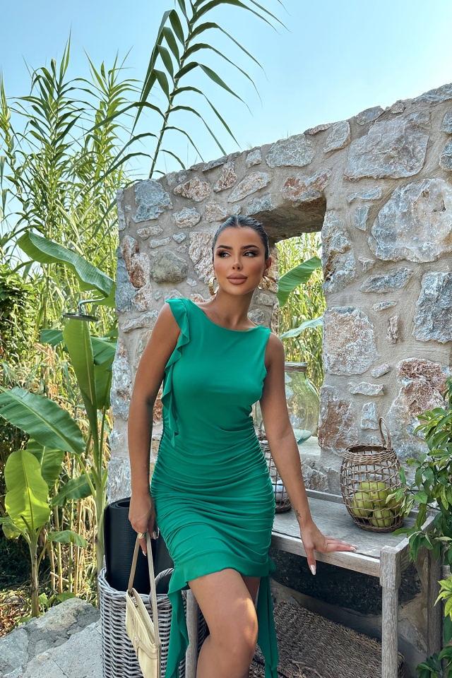 Yeşil Yanları Büzgülü Mini Elbise ATE8027