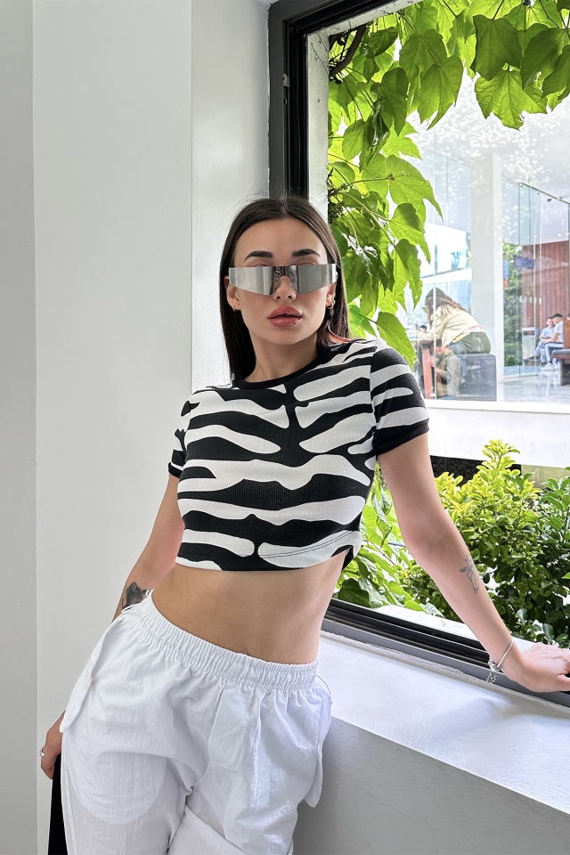 Zebra Desen Arkası Fermuarlı Crop Top